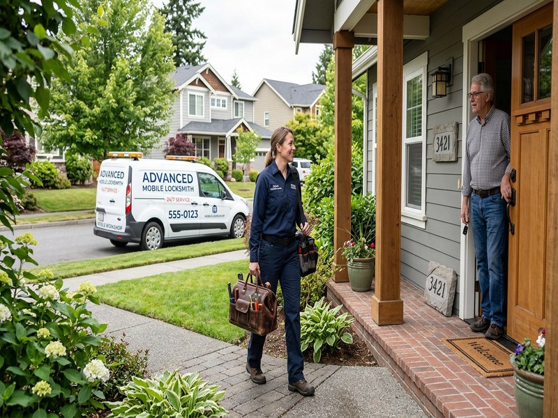 Locksmith picking a residential front door deadbolt during an on-site call