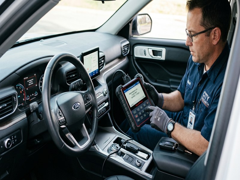 Transponder key programmer connected to a vehicle OBD port for key pairing