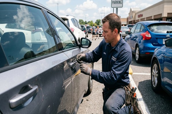 Mobile locksmith opening a locked car door at roadside