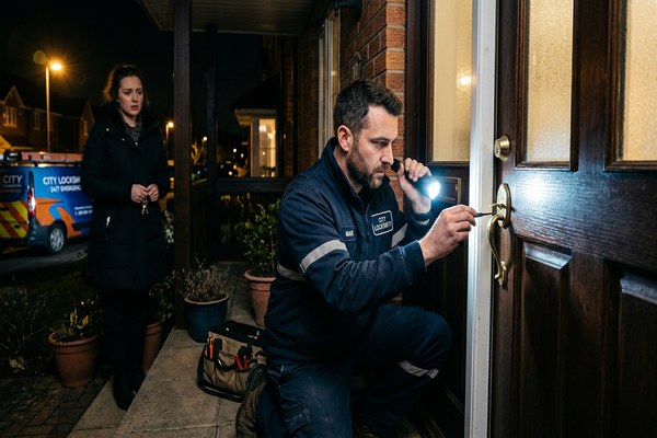 Mobile locksmith van at night responding to an emergency lockout